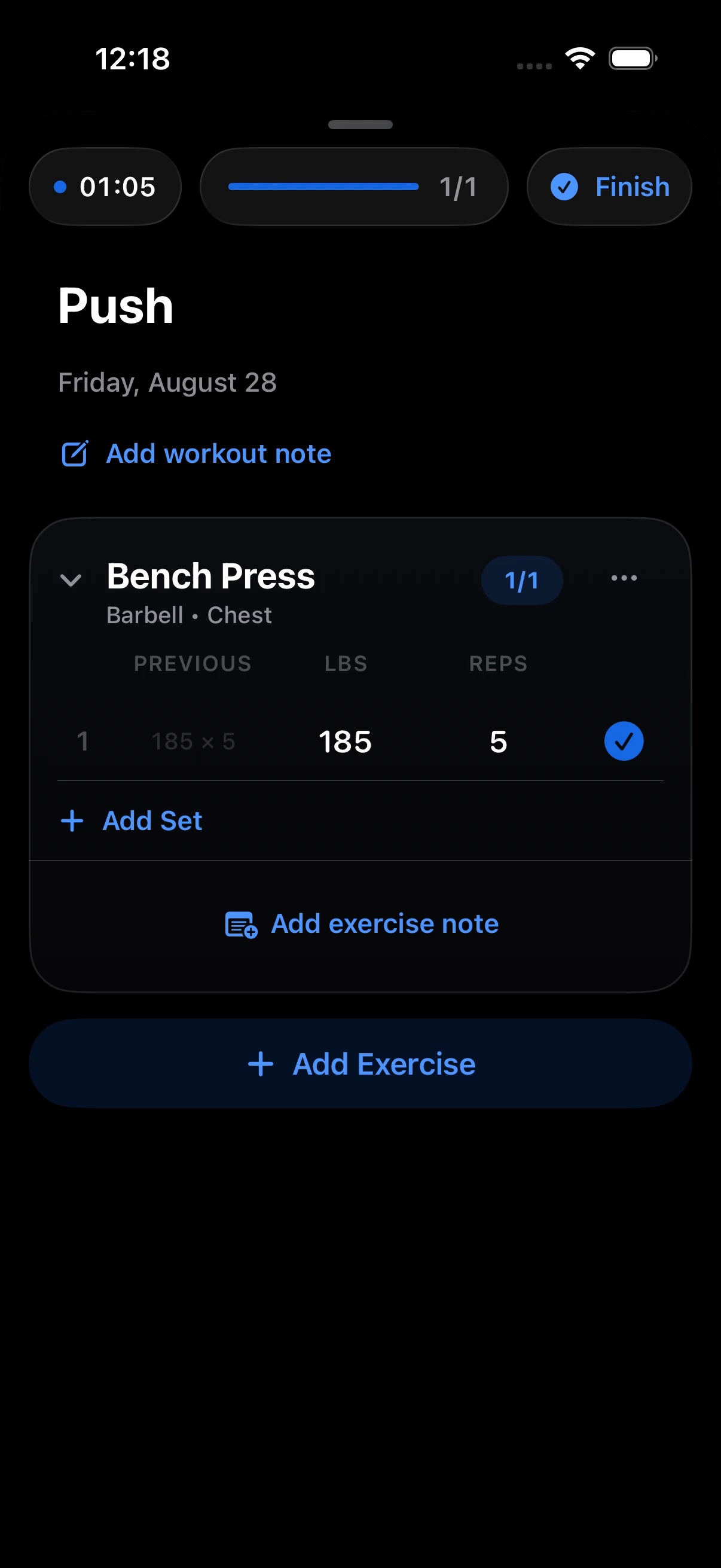 The real Baros app showing a Push workout with a completed bench press set